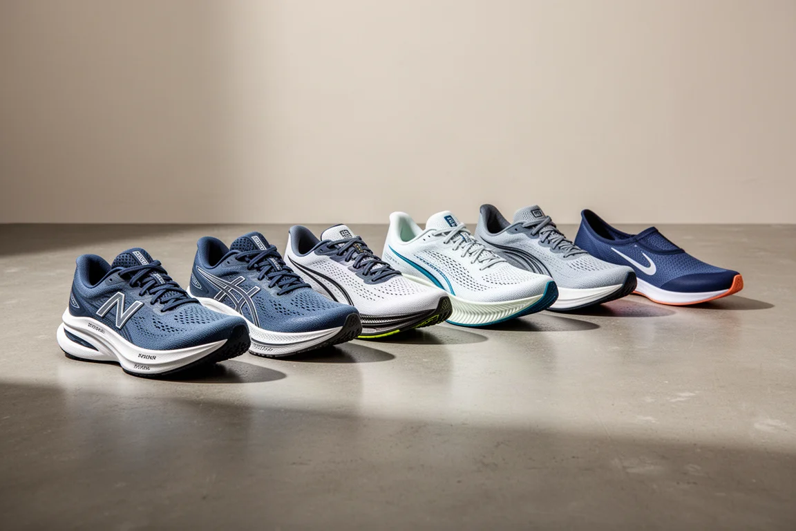 Lineup of eight varied modern running shoes on a concrete studio floor