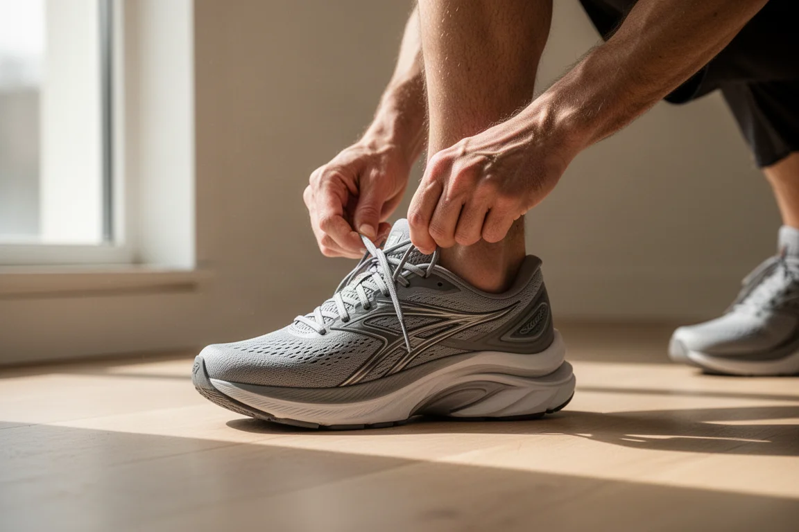 Runner lacing up a tall-stacked daily trainer before an easy run