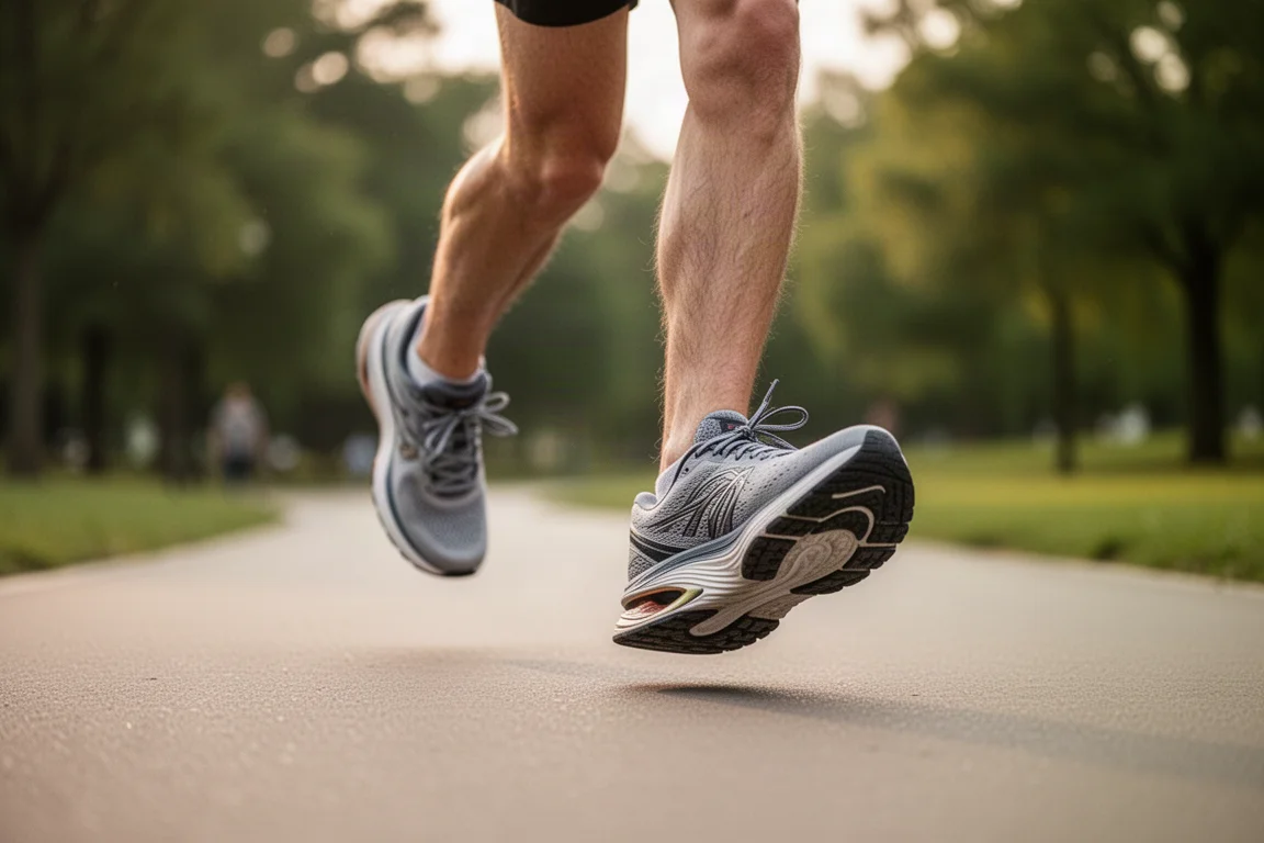 Runner rolling smoothly through a rocker-soled trainer on a paved path