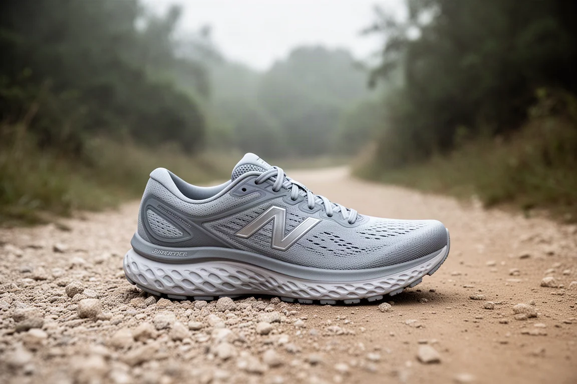 Max-cushioned trainer resting on gravel at the edge of a soft trail