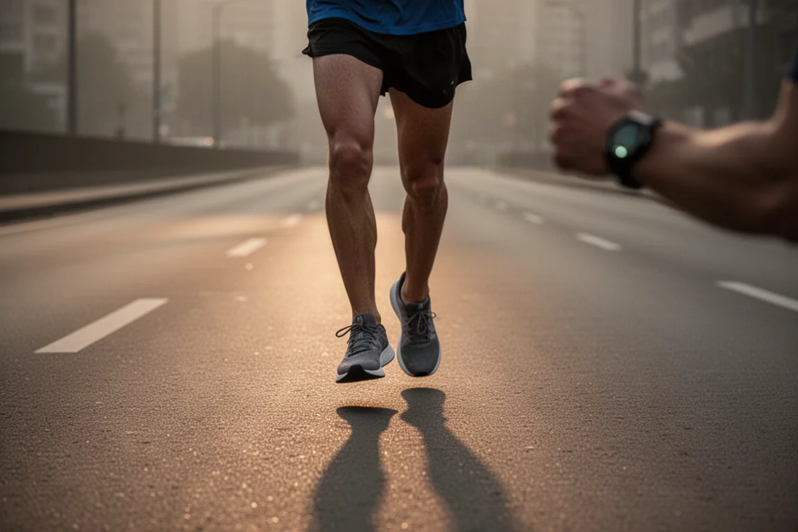Racer checking pace on a watch during a road tempo run