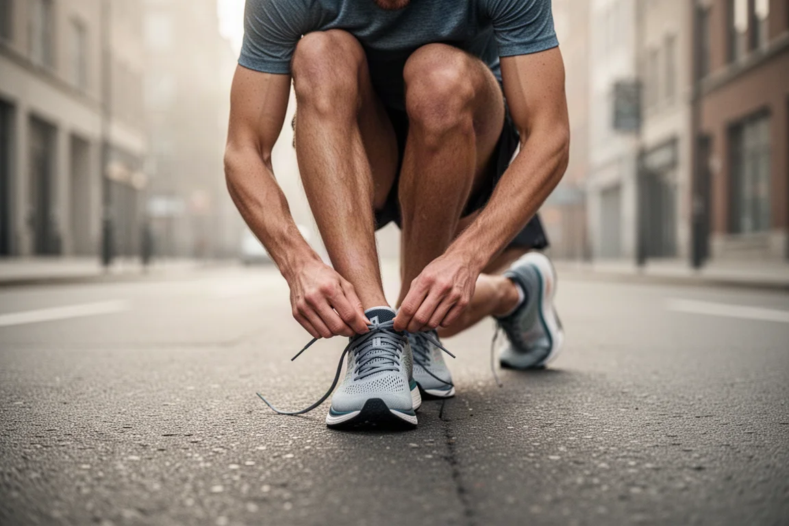 Runner tying the laces of a lightweight running shoe on a quiet city street