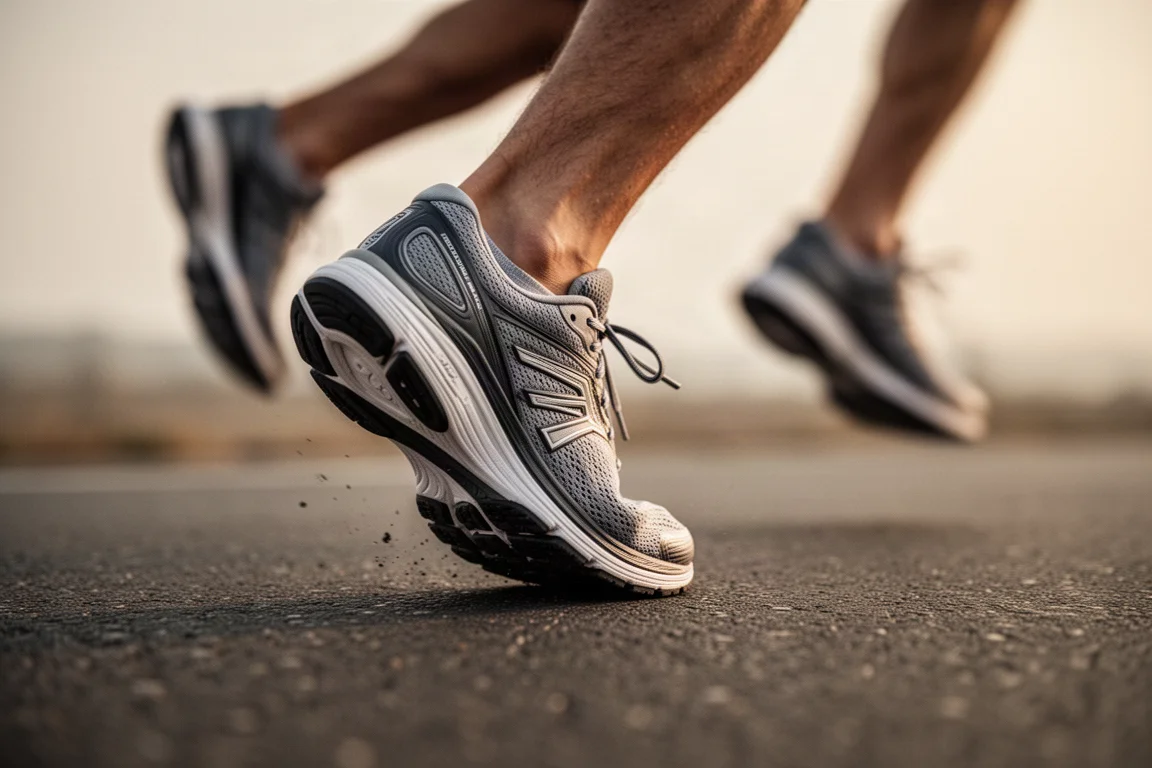 Close-up of a runner's forefoot striking a running shoe against smooth asphalt