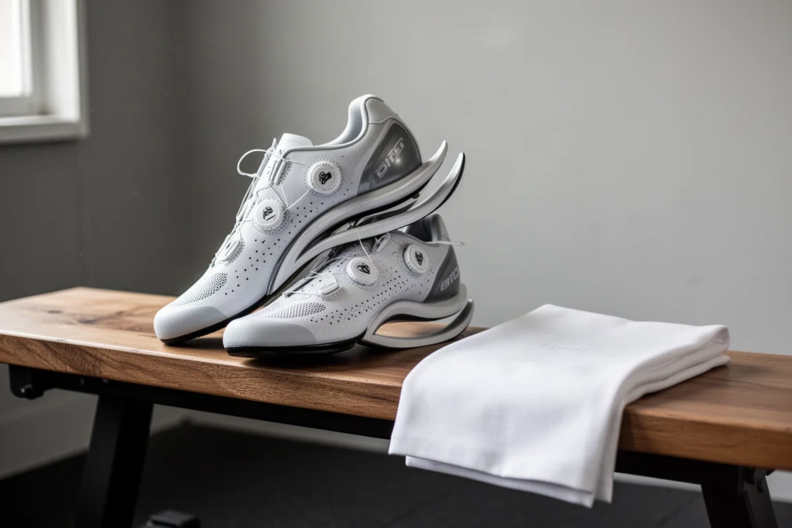 Pair of tall-stacked racing shoes resting on a gym bench beside a race bib