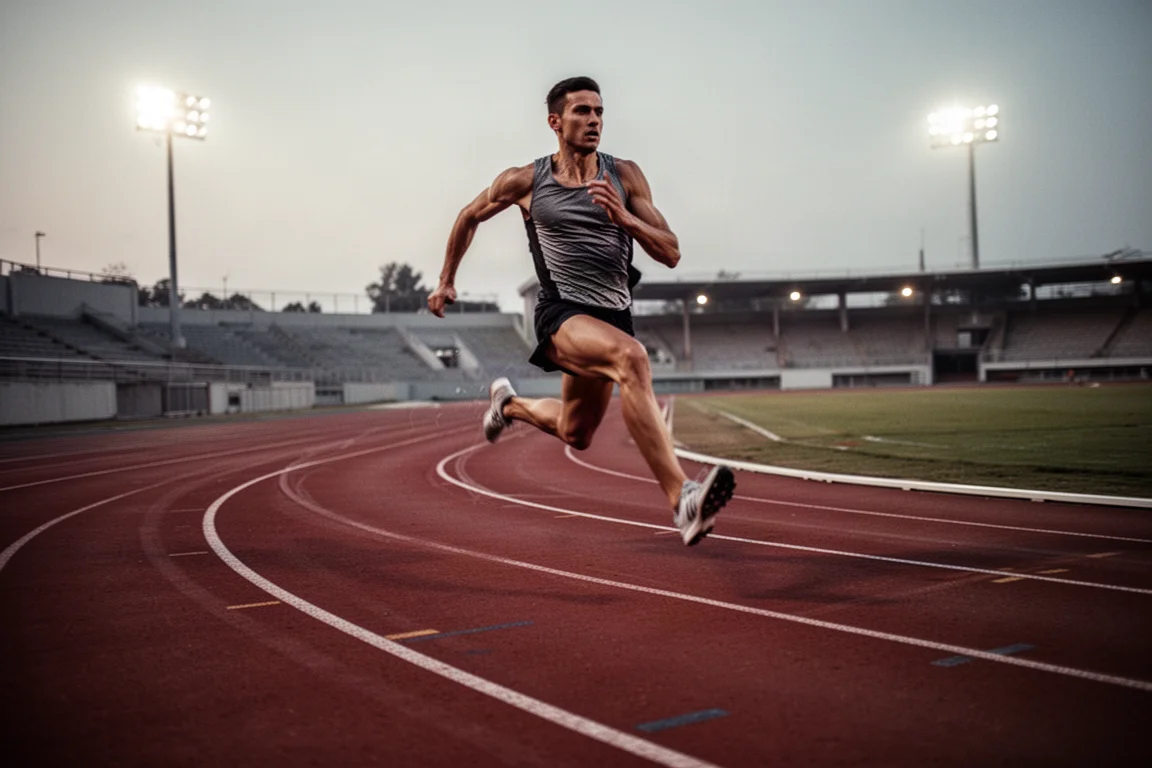 Runner sprinting on a track in a pair of aggressive road racing shoes