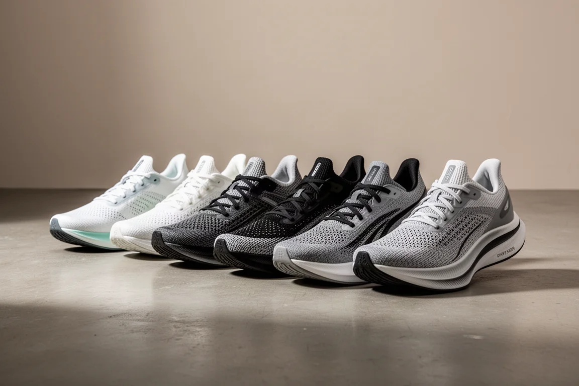 Row of modern running shoes on a matte concrete floor