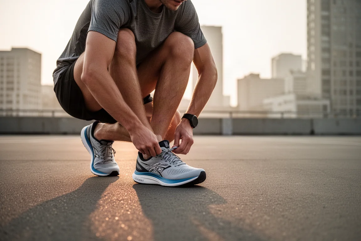 Un coureur attachant ses chaussures de running dans une rue en ville au lever du soleil