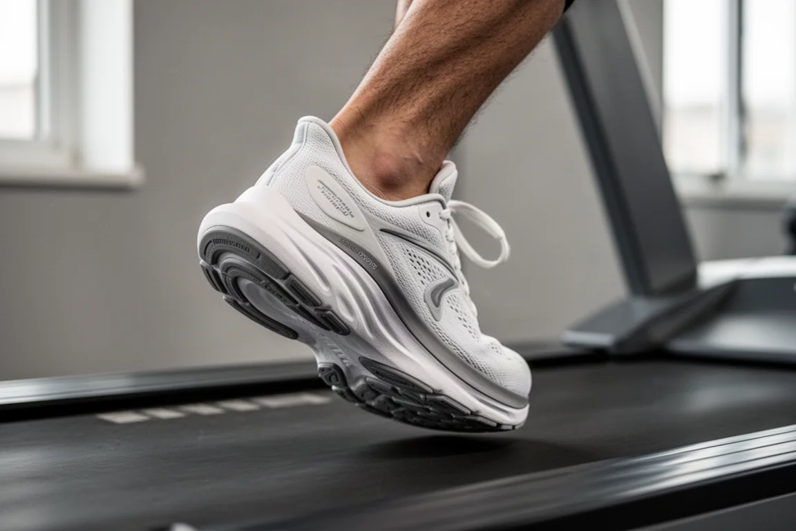 Gros plan sur la semelle intermédiaire en mousse d'une chaussure de running pendant une séance sur tapis