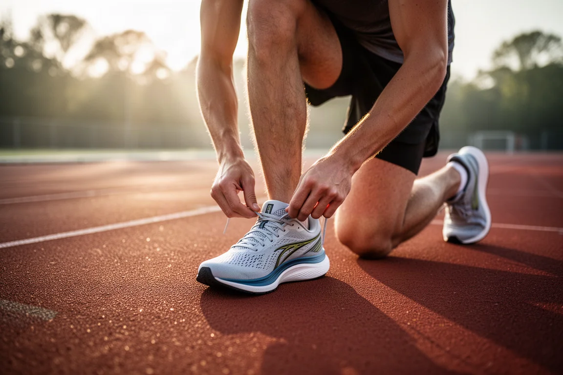 Runner lacing up a lightweight race shoe on a track in early morning light