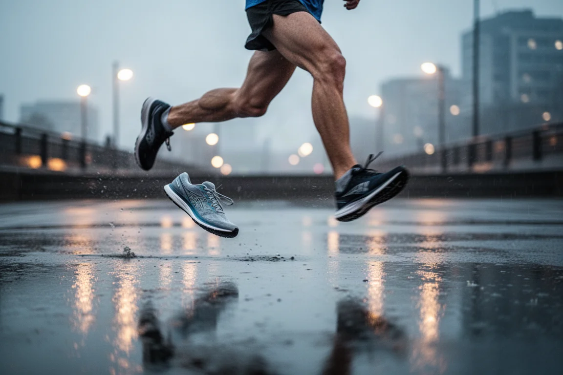 Runner mid-stride on wet city pavement during a fast interval session