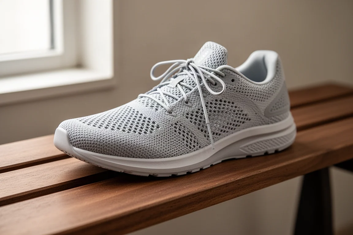 Breathable mesh running shoe upper seen in close detail under soft light