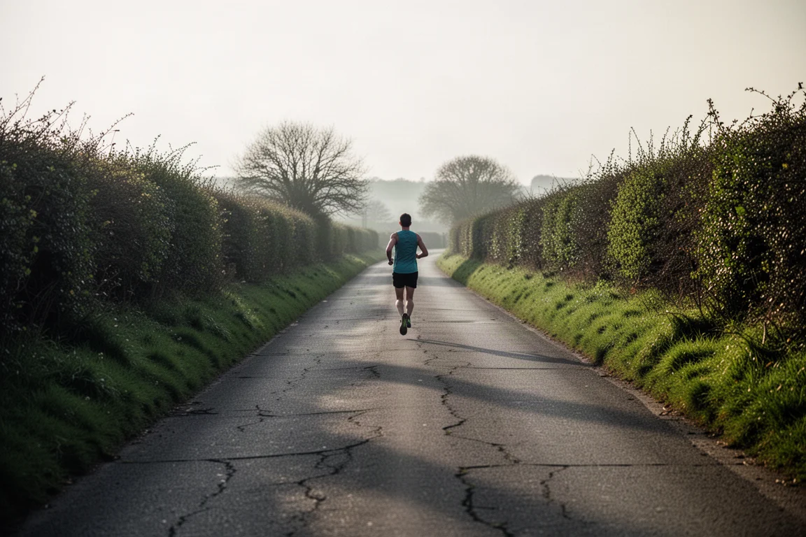 Runner heading down a country lane on an easy long run in soft afternoon light