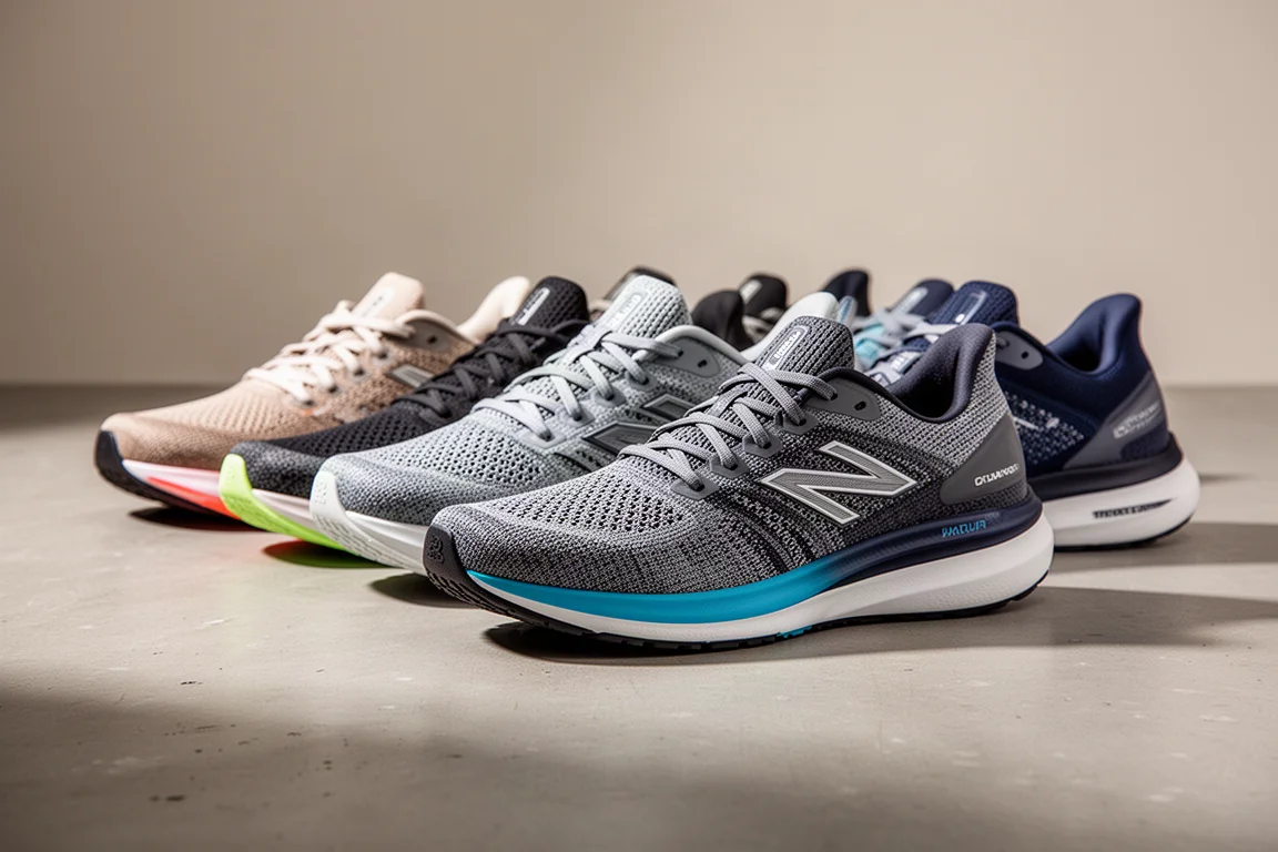 Row of six modern running shoes on a matte concrete surface