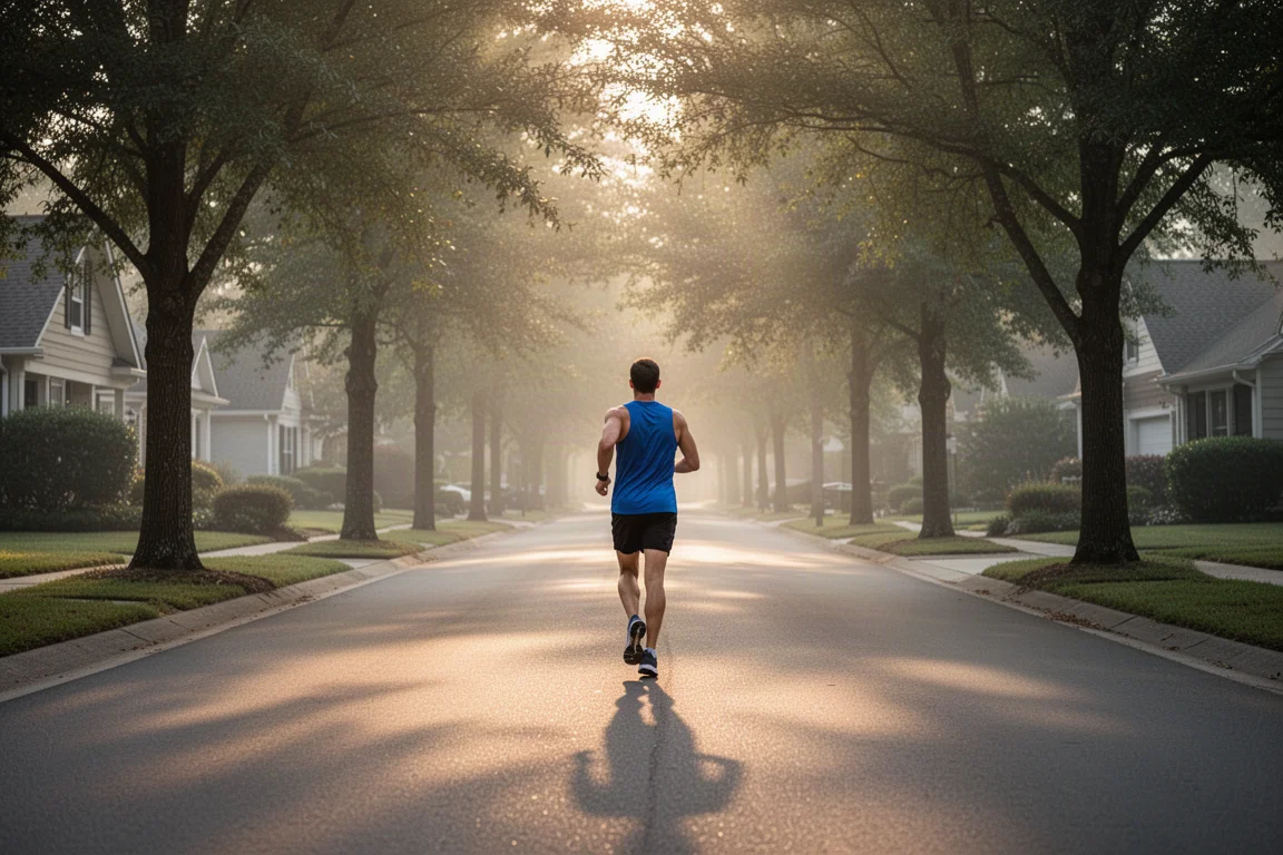 Un runner cammina lungo una strada silenziosa alberata nelle prime ore del mattino