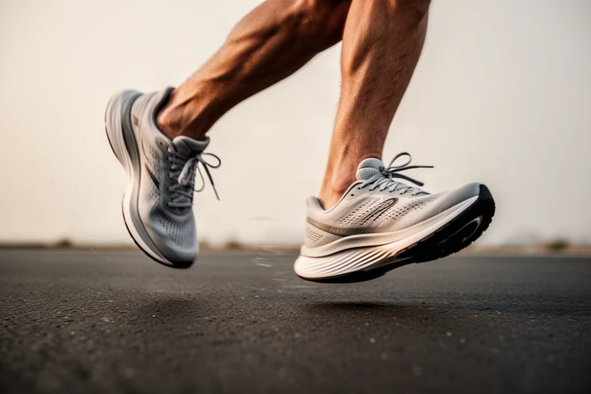 Primo piano di scarpe da running che toccano l'asfalto durante un allenamento costante