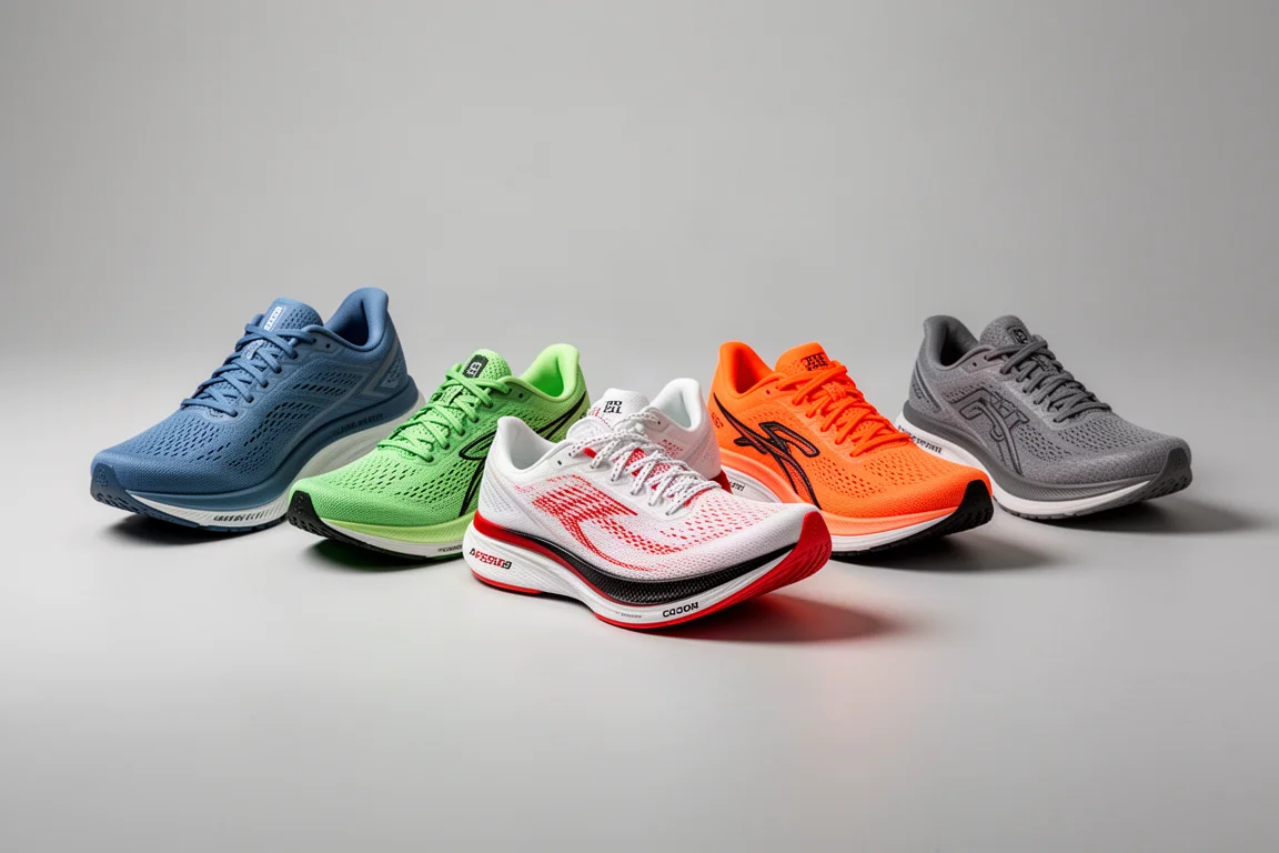 Cinque scarpe da running su strada con diversi livelli di ammortizzazione disposte su una superficie grigia da studio