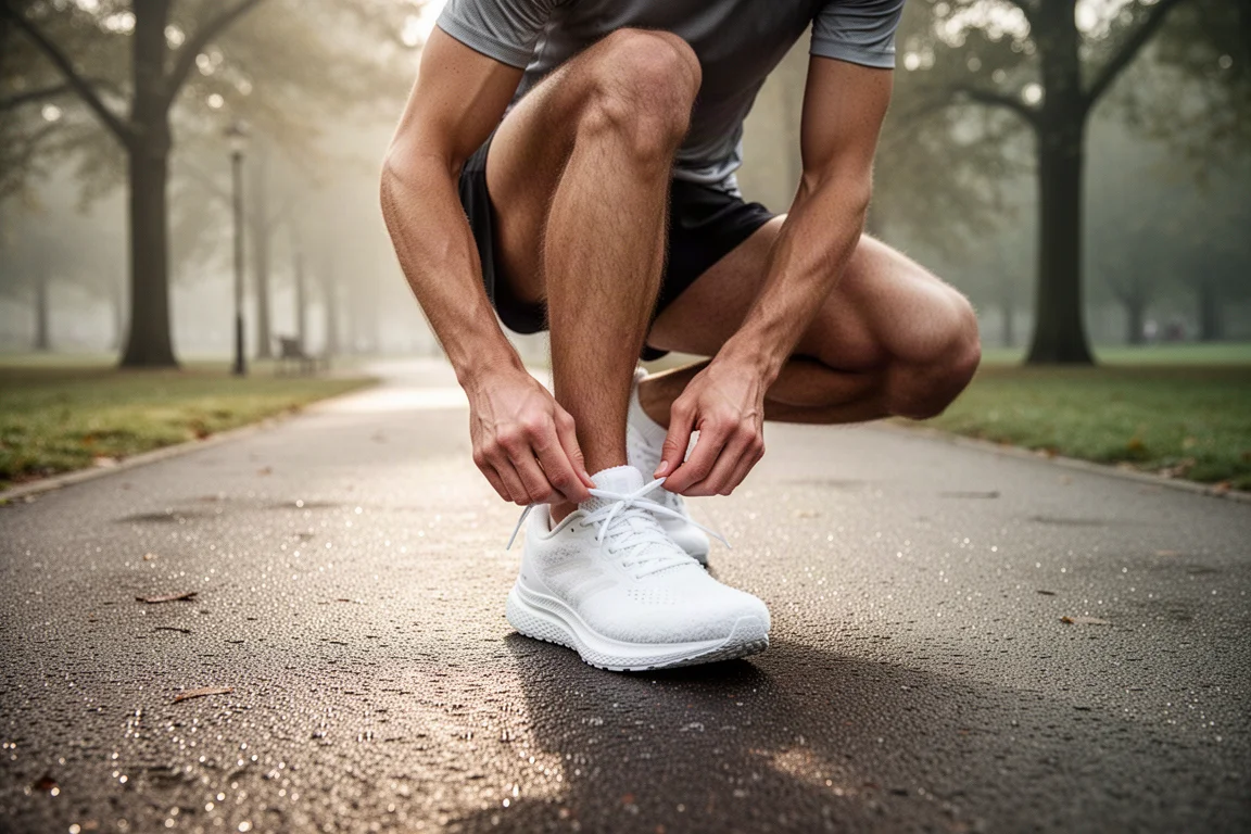 Un runner allaccia le scarpe su un daily trainer morbido accanto a un viale del parco alla luce del mattino