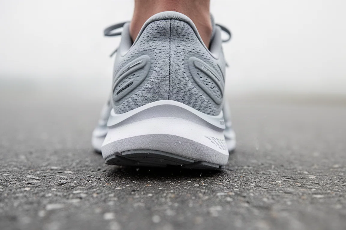 Primo piano del tallone smussato di una scarpa da running che tocca l'asfalto liscio durante una falcata