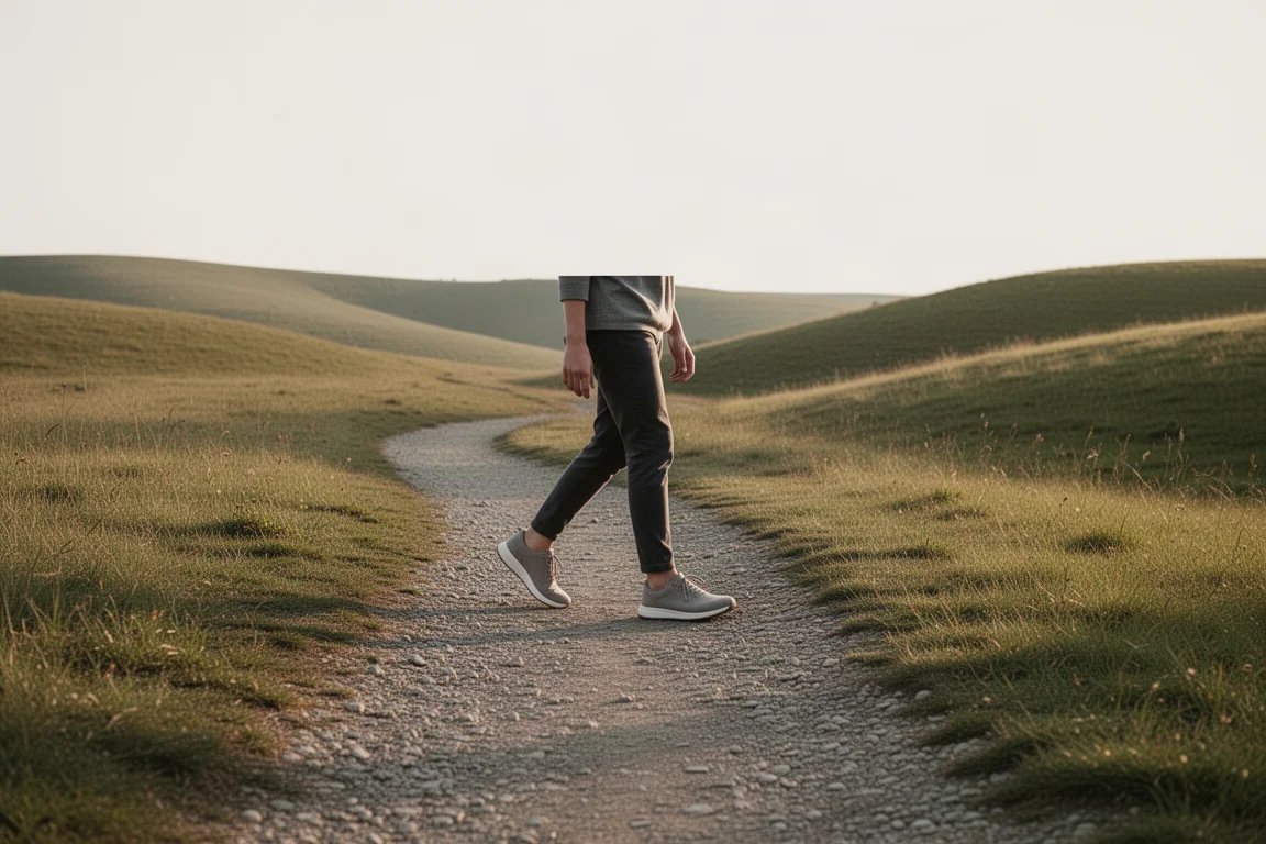 Un camminatore su un sentiero ghiaioso in una campagna collinare indossa una scarpa comoda