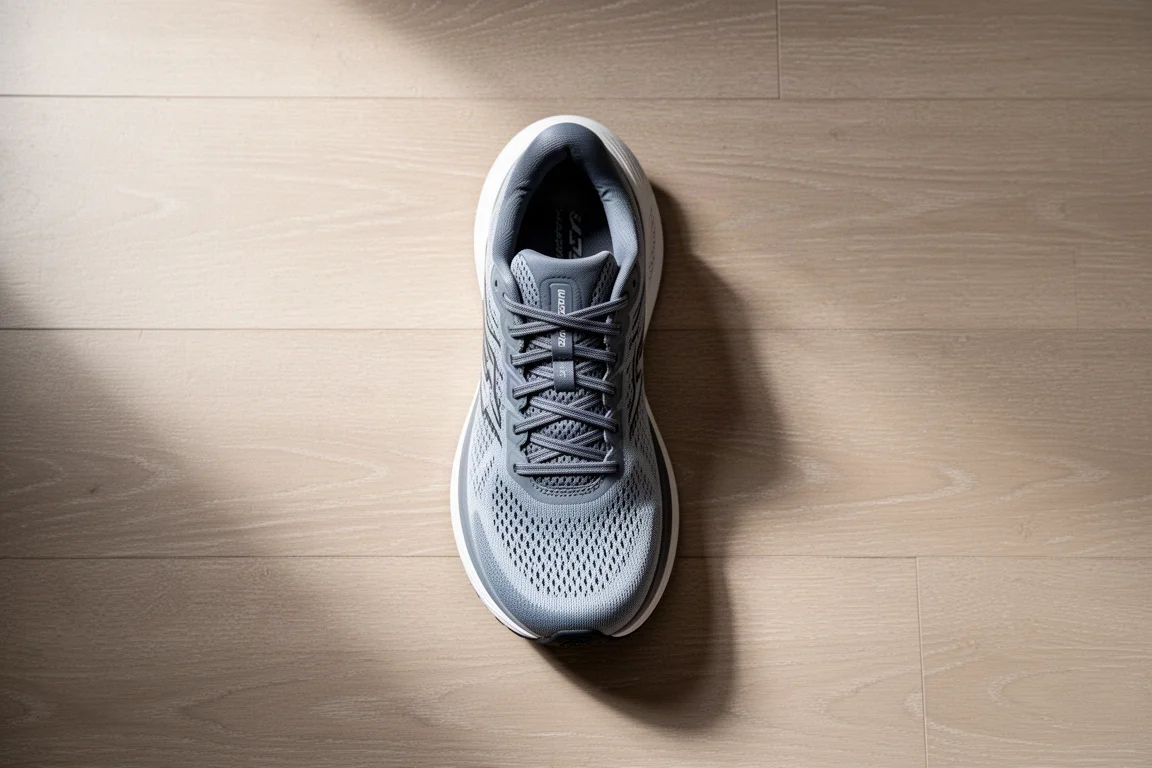 Vista dall'alto di una scarpa da running con toe box ad alto volume su un pavimento di legno
