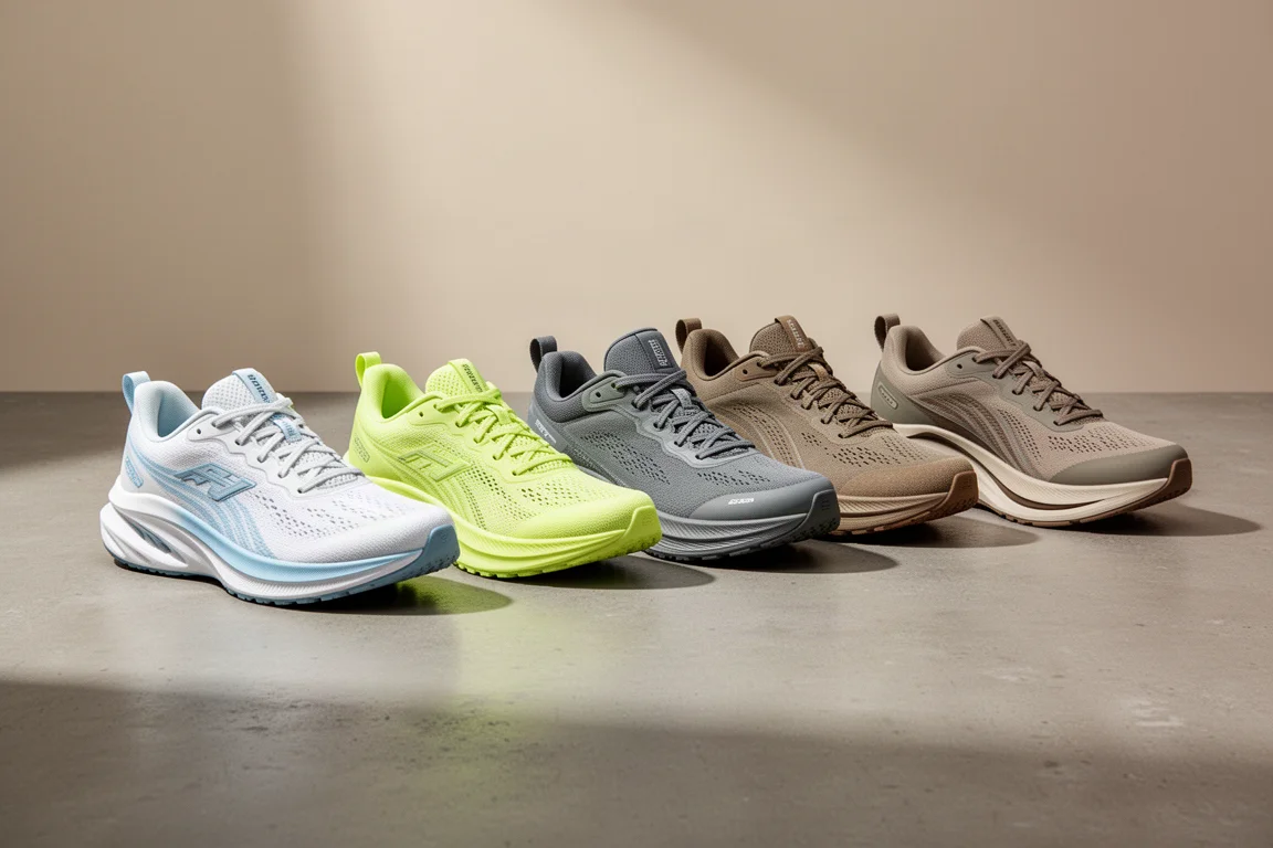 Row of five varied running and walking shoes on a concrete surface