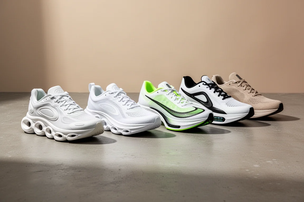 Six running shoes from different brands arranged in a row on concrete
