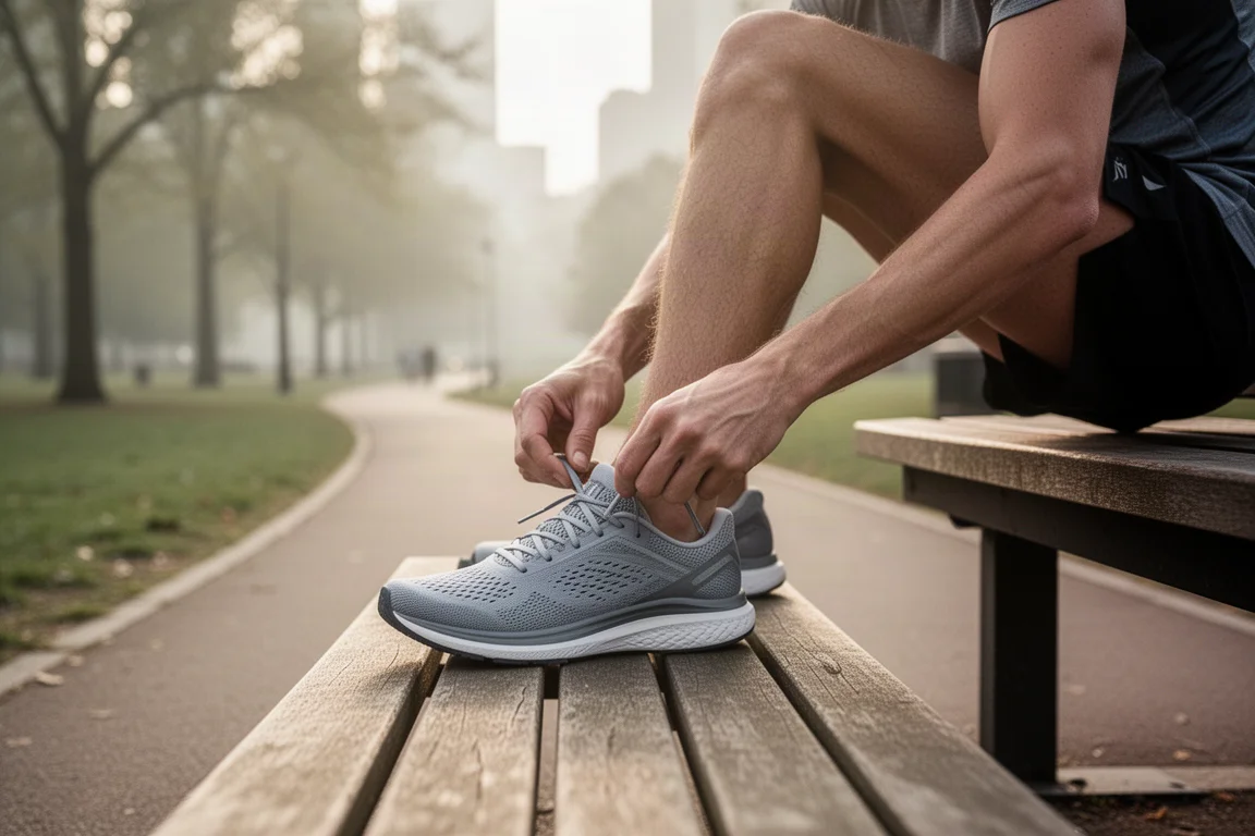 Un coureur lace une chaussure d'entraînement quotidienne amortie avant une sortie tranquille
