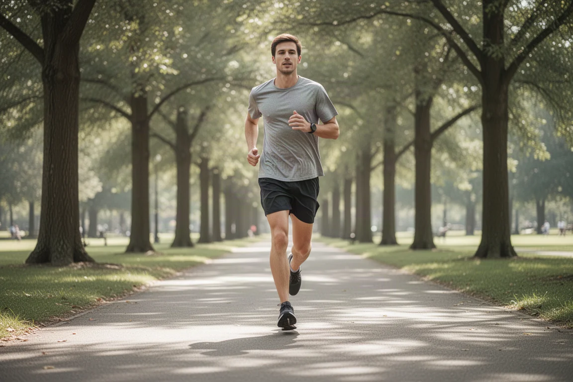 Un coureur marche lors d'un footing de récupération détendu dans un parc calme