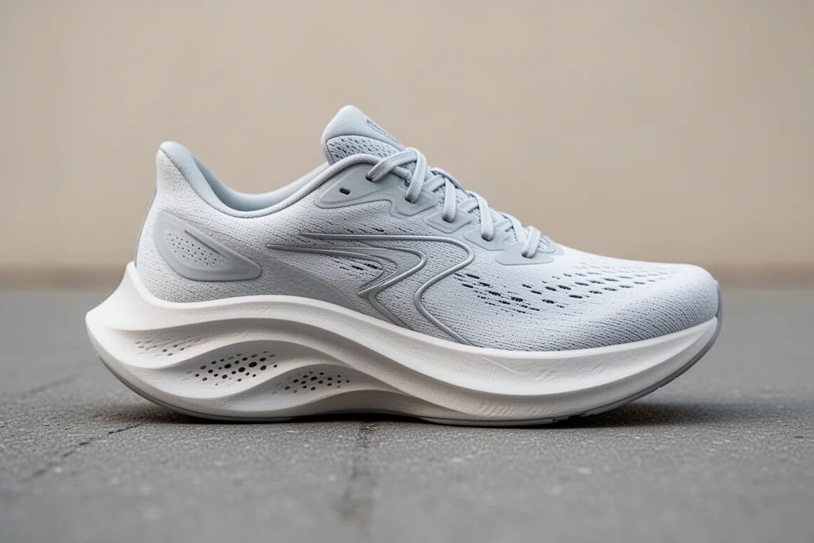 Gros plan sur la semelle intermédiaire d'une chaussure de running à bascule flexionnant sur le bitume