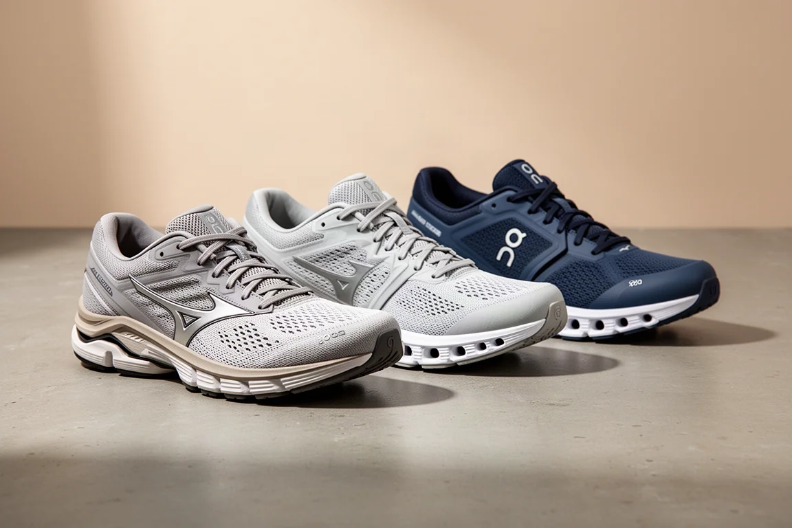 四雙 Mizuno 與 On 跑鞋排列在混凝土表面上
