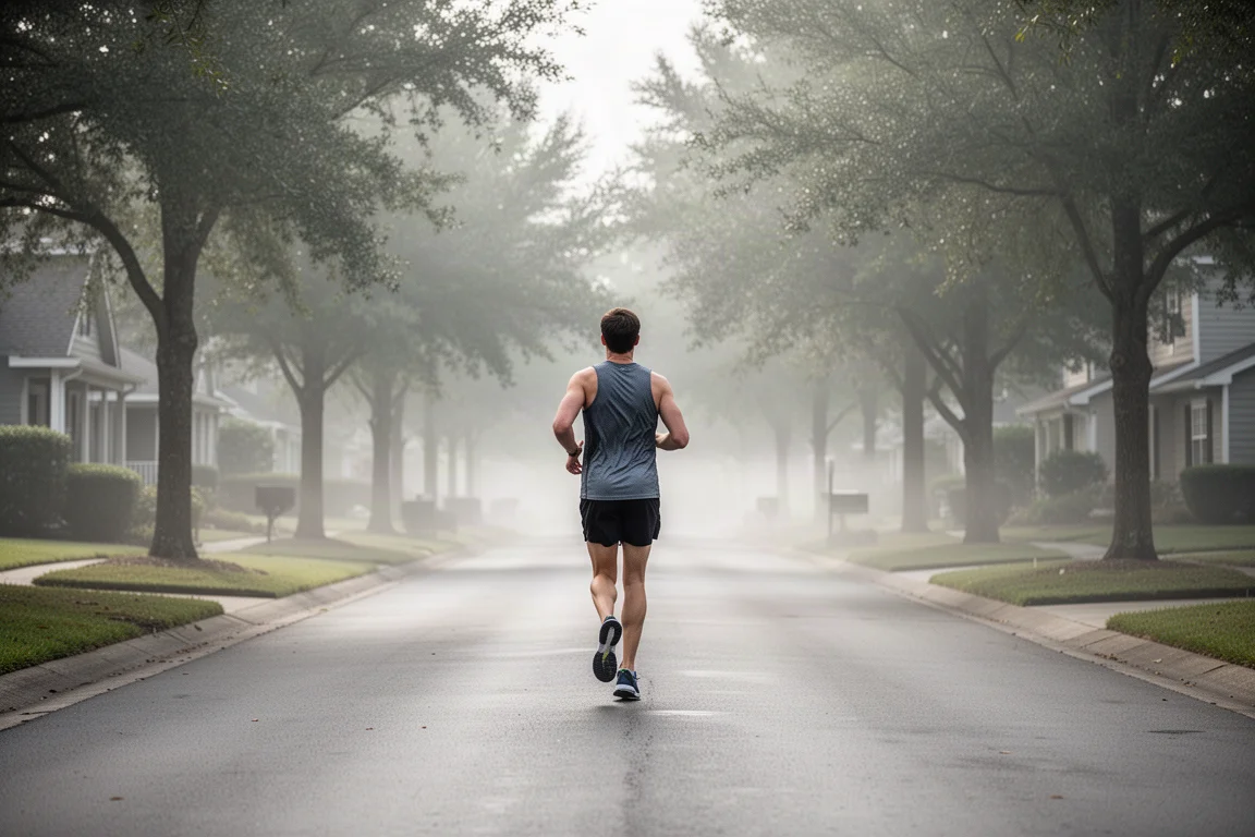 Runner jogging at a relaxed pace on a quiet tree-lined road