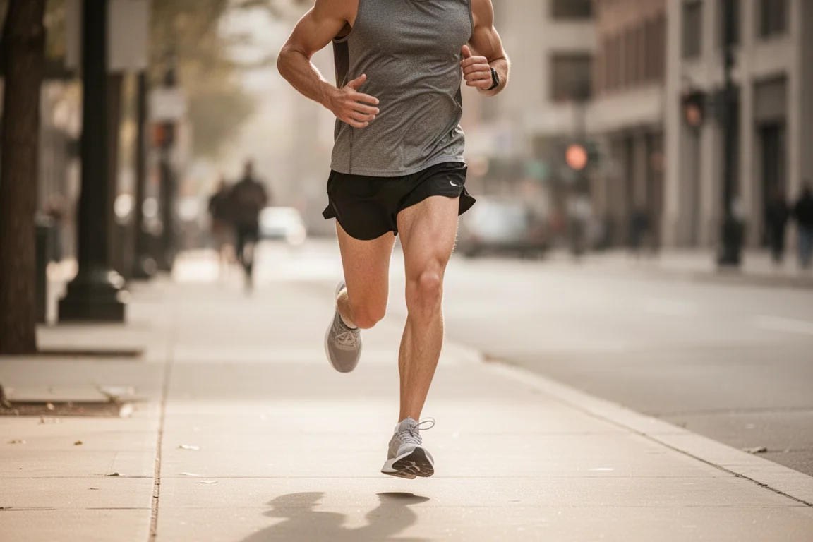 Runner settling into a steady mid-week training pace on city pavement