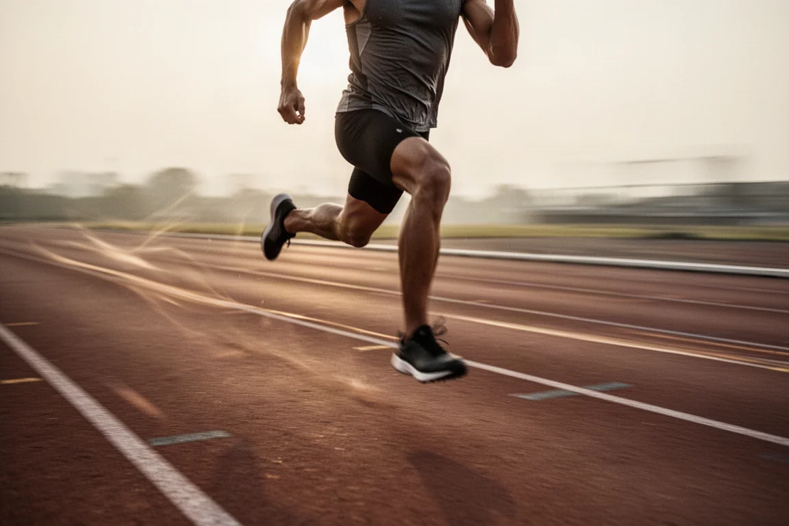 Athlete running a hard threshold interval on an empty athletics track