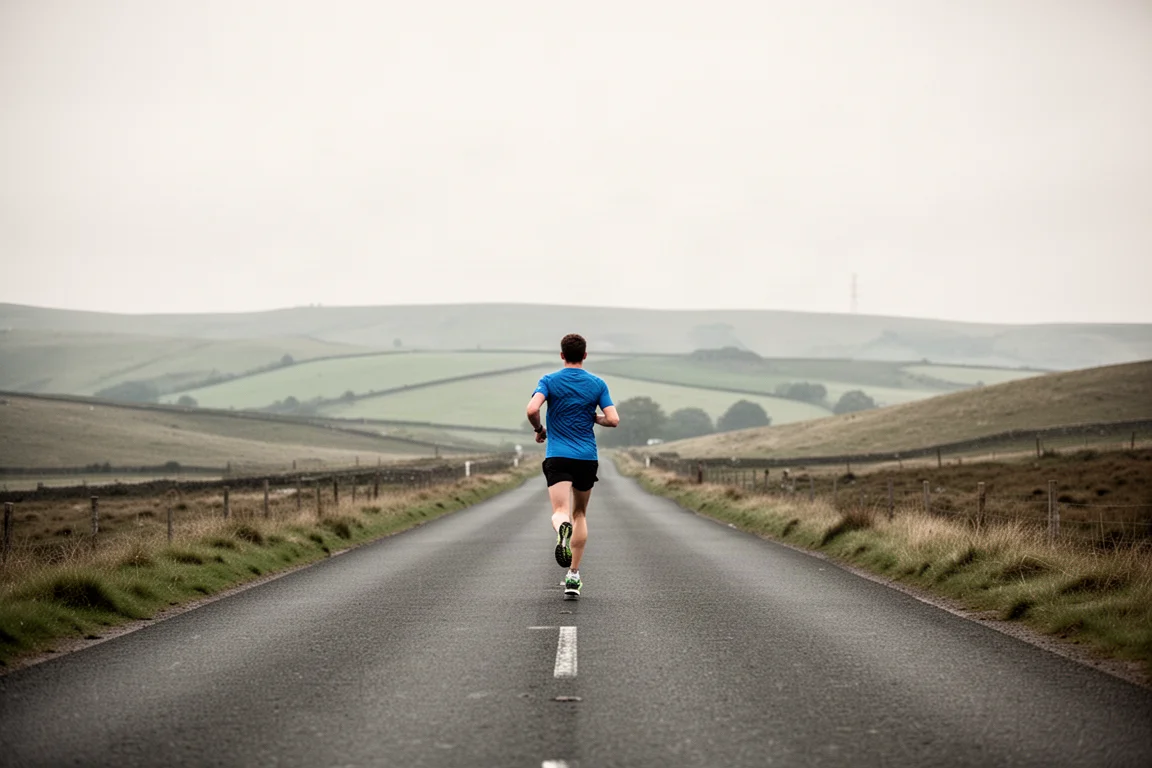 Runner mid-way through a long solo run on an open country road