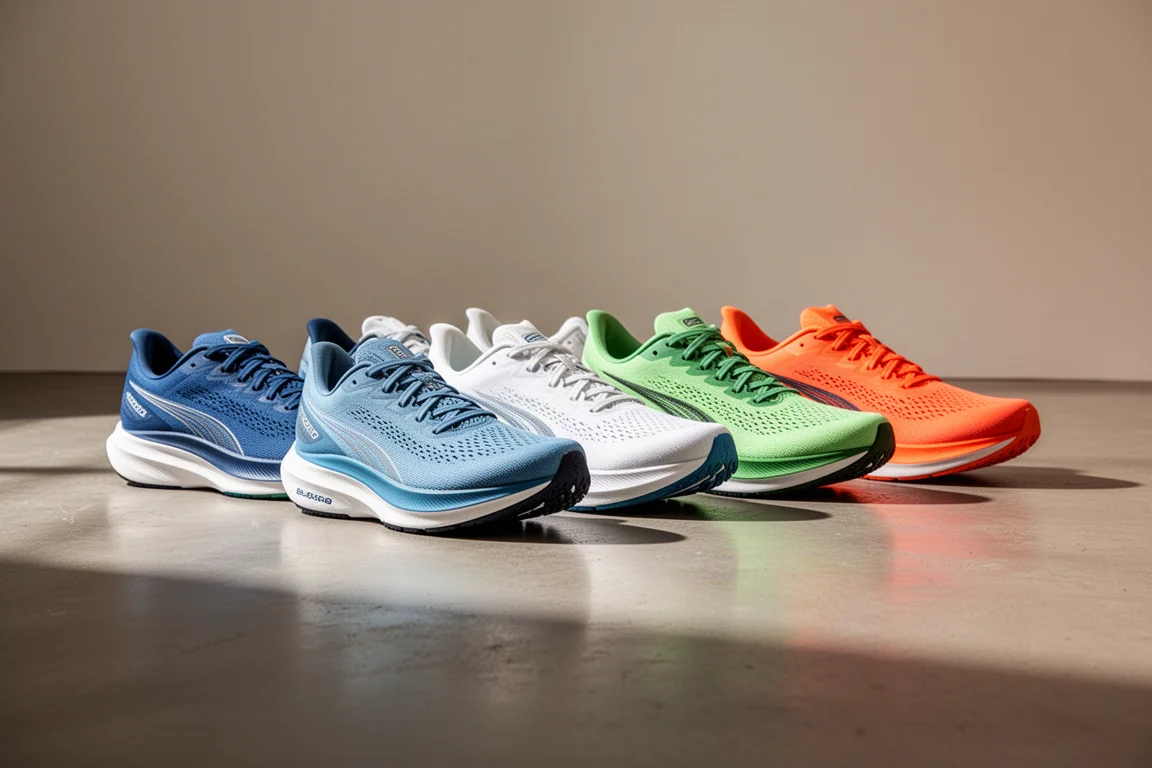 Row of road running shoes in varied colors on a concrete studio floor