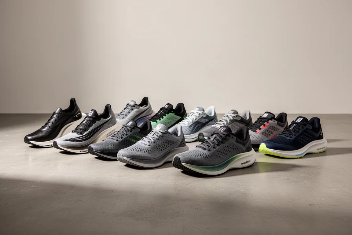 Collection of thirteen running shoes arranged on a concrete studio floor