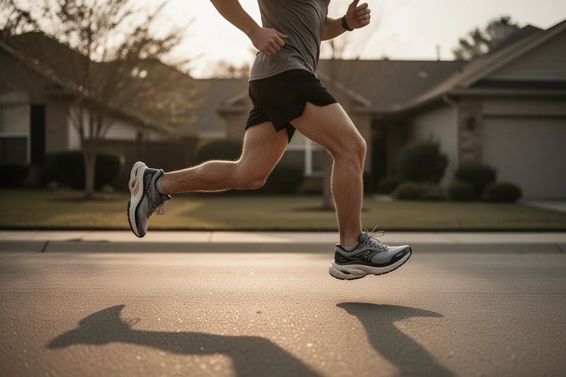 Runner easing into a long slow run on quiet suburban pavement in soft light