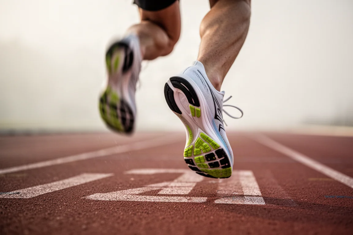 Close-up of a runner's feet during a fast tempo interval on a track