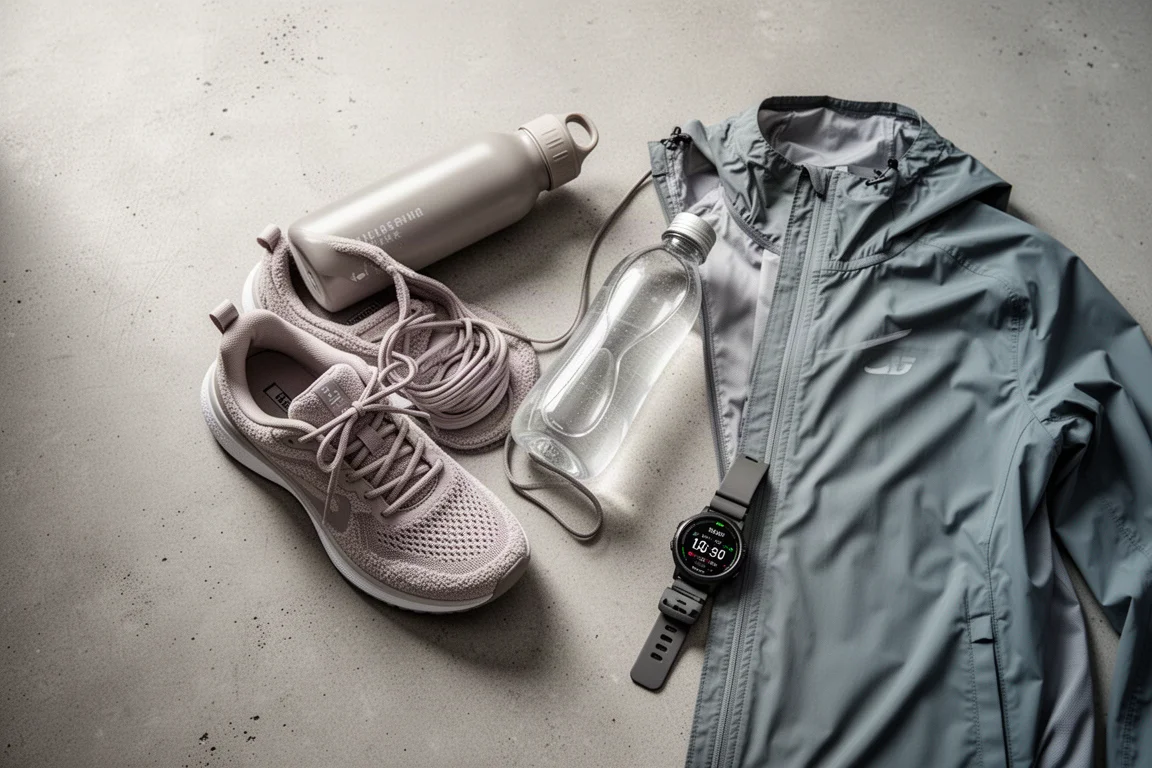 Overhead flat-lay of everyday running gear on a concrete surface