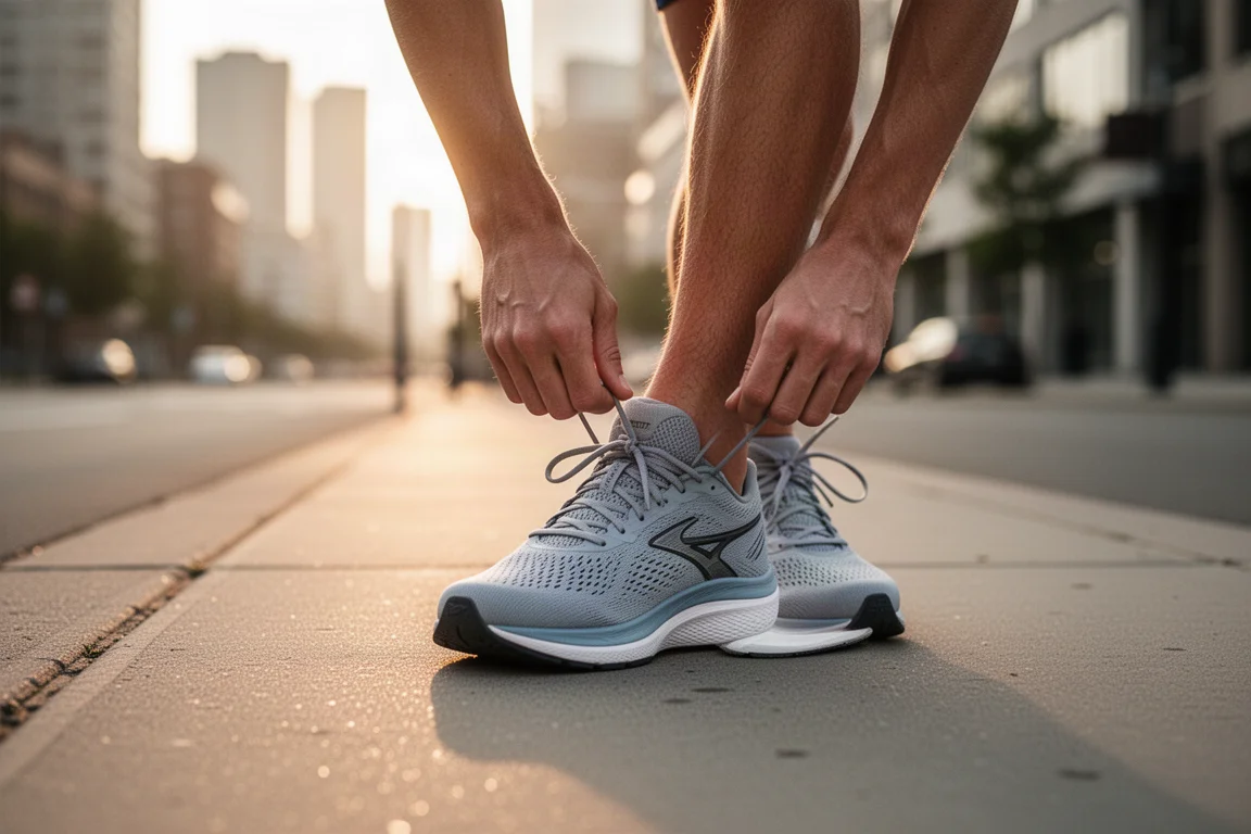 Runner che allaccia una scarpa da running leggera su un marciapiede cittadino all'alba