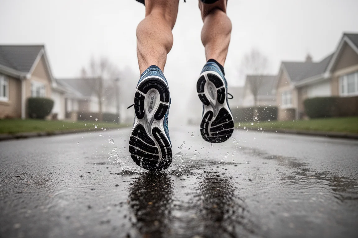 Piedi di un runner che toccano asfalto bagnato durante una corsa su una strada di periferia silenziosa