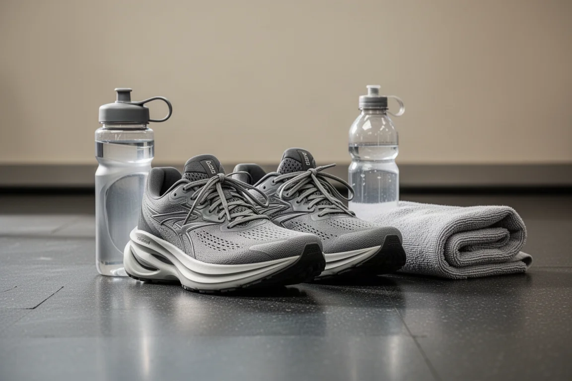 Coppia di super trainer ammortizzati appoggiati sul pavimento di una palestra accanto a una borraccia