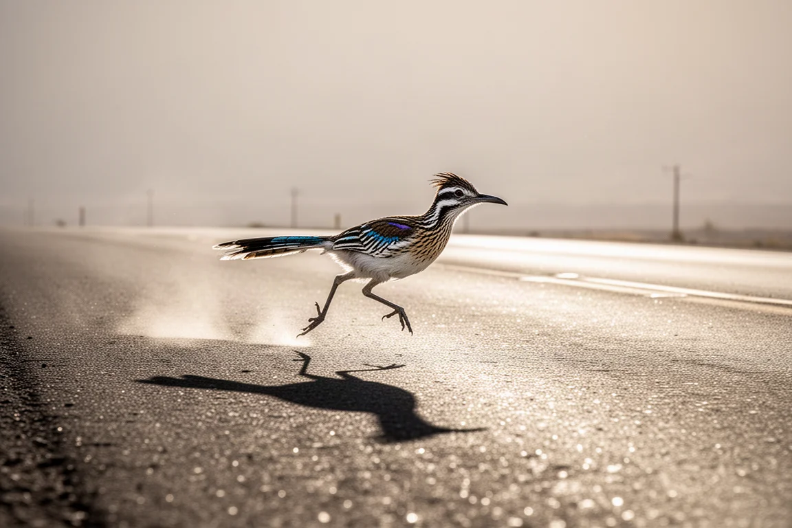 Runner su strada che spinge il ritmo su una strada aperta sotto un sole intenso di mezzogiorno
