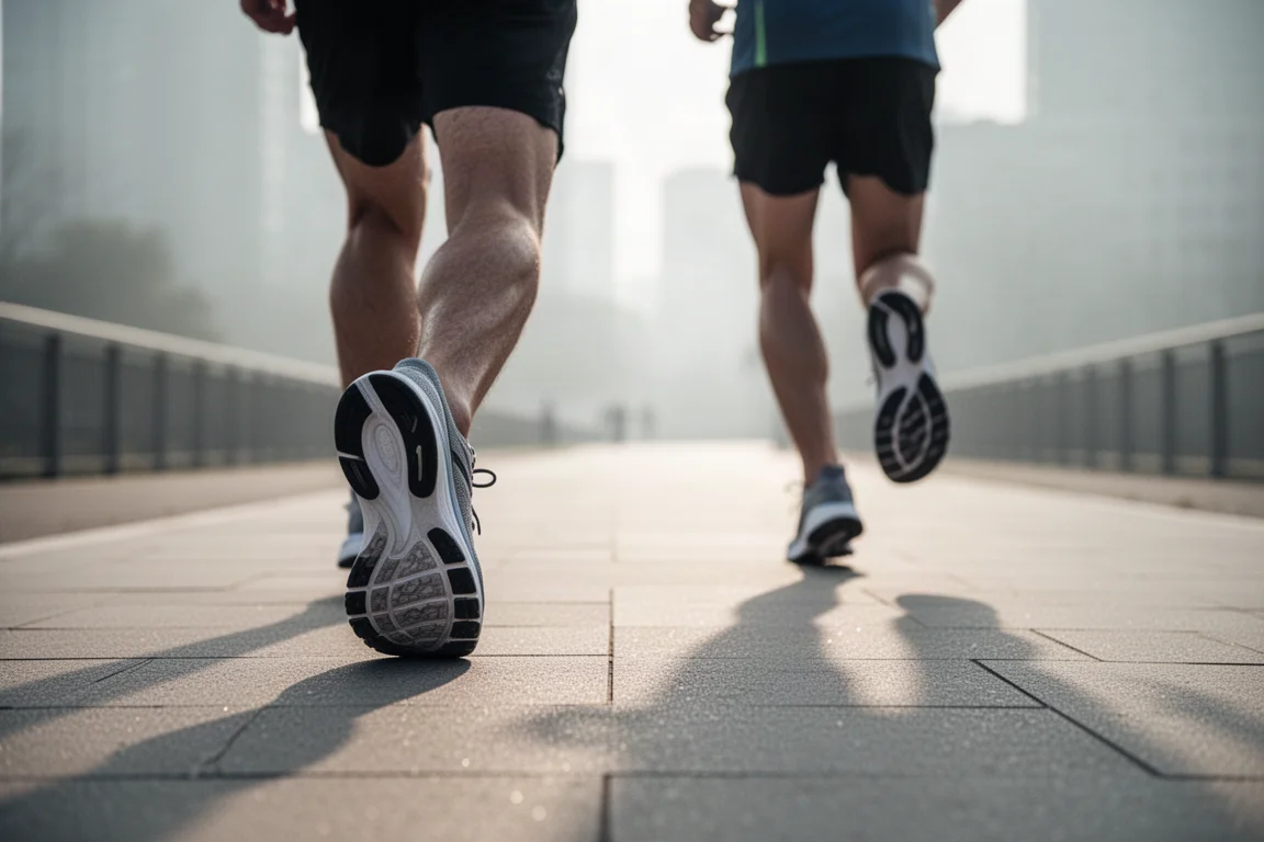 Runners logging easy miles on a smooth city path in the early morning