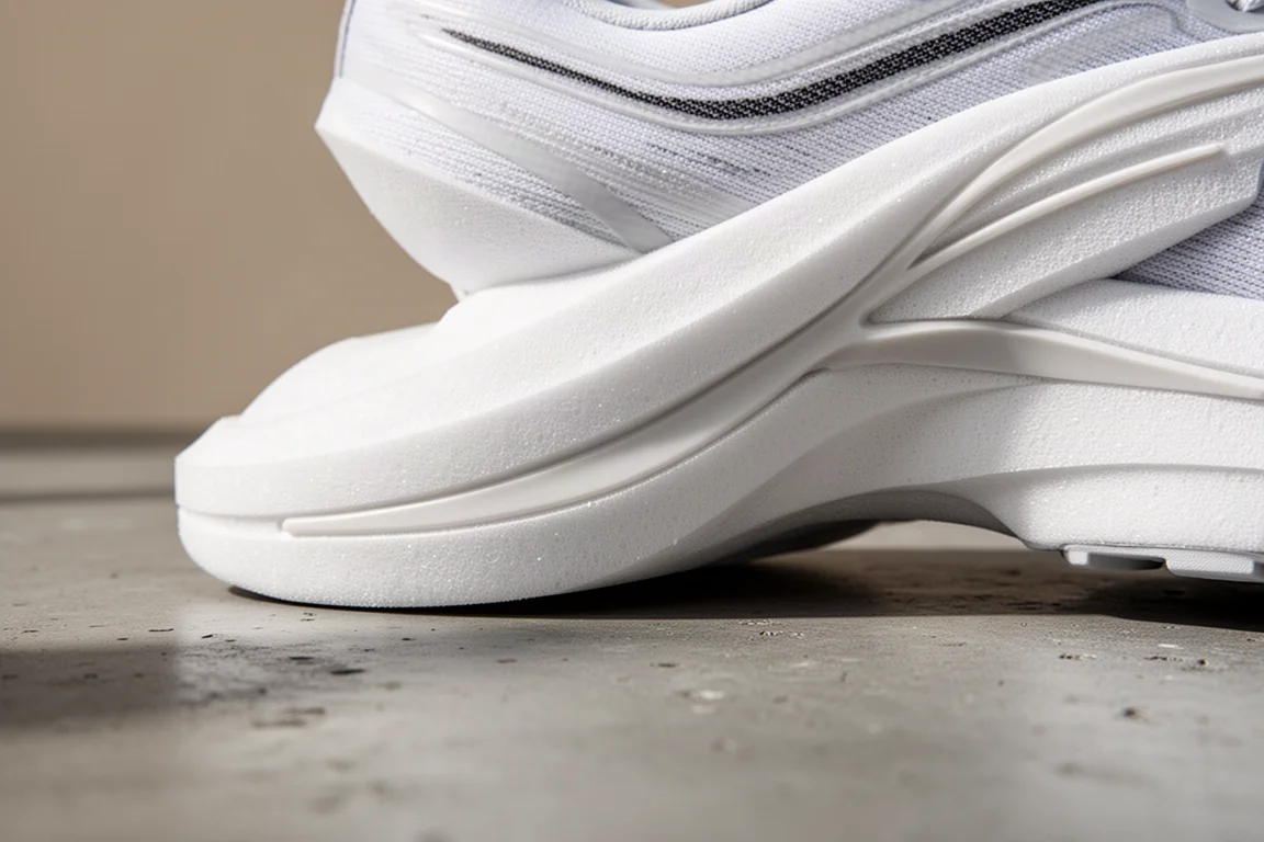 Close-up of a modern running shoe midsole showing thick lightweight foam and a curved plate