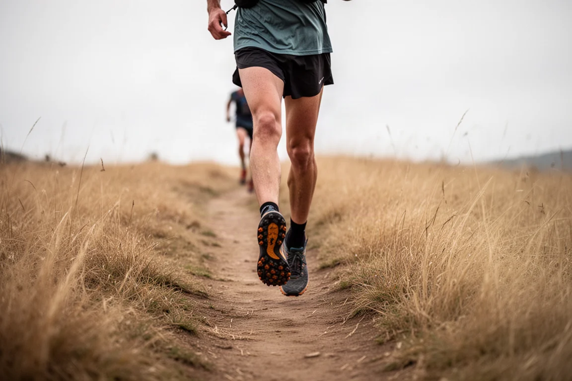 Trail runner moving along a dirt single-track trail surrounded by dry grass
