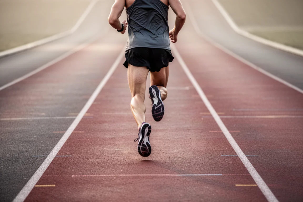 Runner doing a fast tempo workout on an all-weather running track