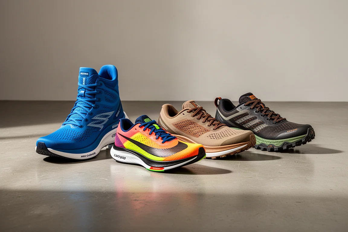 Lineup of modern running shoes including daily trainers, racers, and a trail shoe on a concrete studio floor