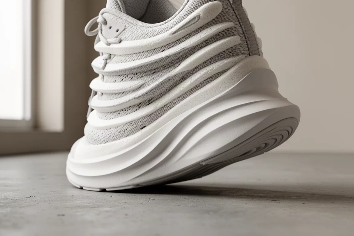Gros plan sur la semelle intermédiaire épaisse d'une chaussure de running à cushioning maximal montrant la mousse généreuse et une base large