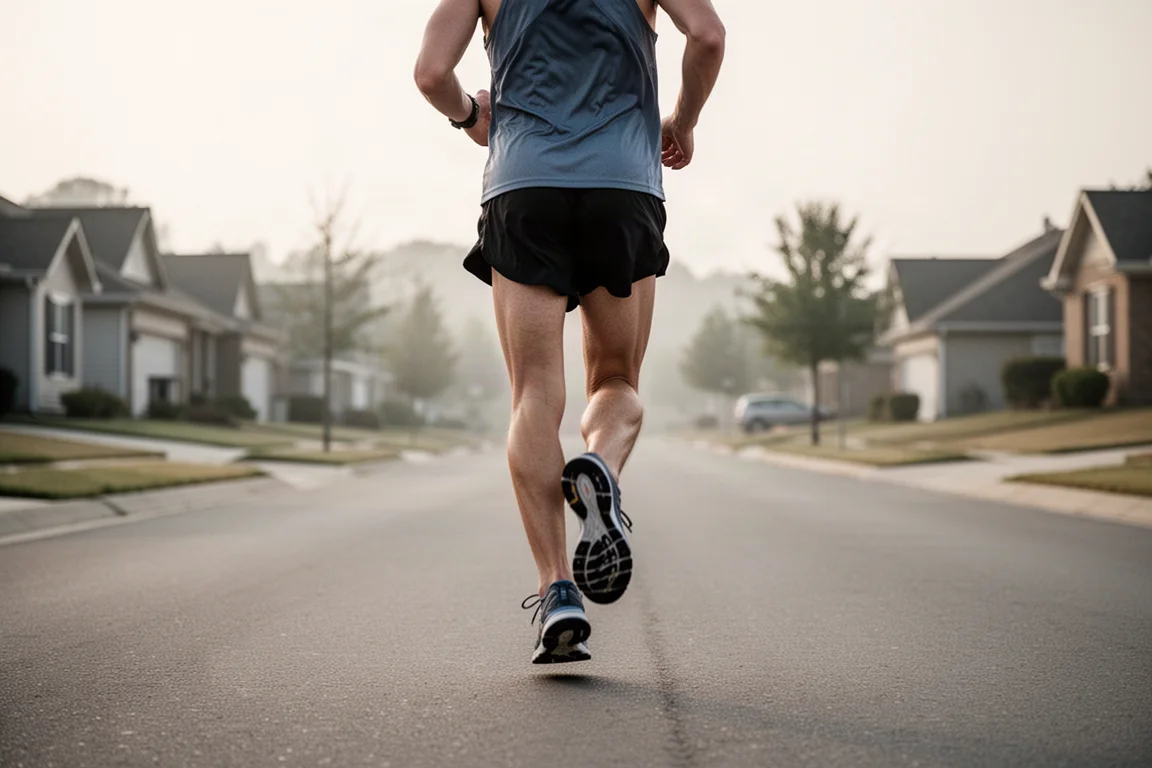 Un coureur effectuant une sortie longue facile sur une route ouverte dans la douce lumière du matin